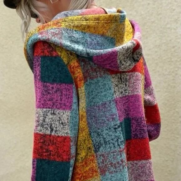Cozy Boho Plaid Color Block Pocket Hoodie Hooded Sweater Coat Vibrant Colorful - Picture 4 of 8
